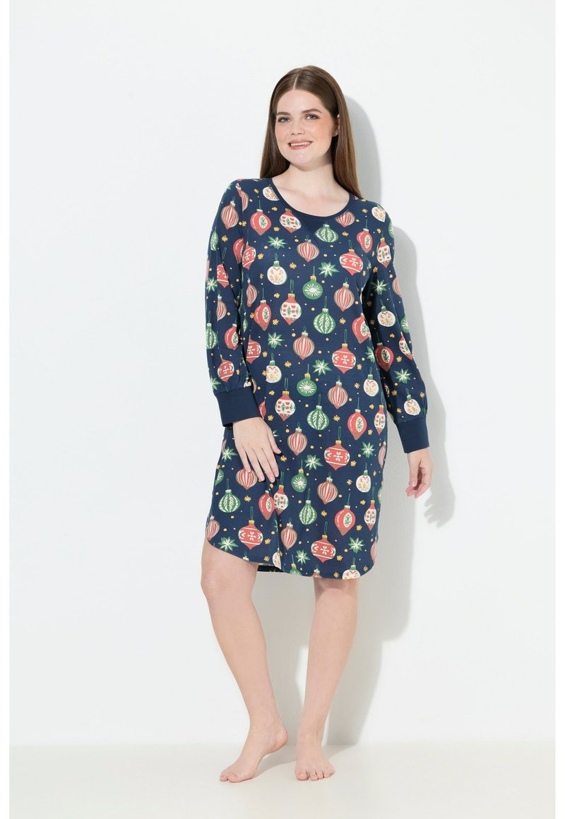 Camicia da notte blu navy con maniche lunghe caratterizzata da un motivo di ornamenti natalizi colorati. Tessuto morbido con una vestibilità comoda e scollatura rotonda.