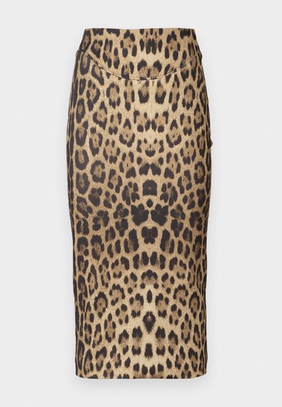 Lapsu jaku drēbju svārki ar leopardu rakstu, kas piedāvā pieguļošu dizainu, vidēja augstuma jostasvietu un gludu faktūru. Raksts sastāv no dažādiem brūniem un melniem punktiem.