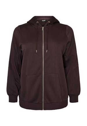 Sweat à capuche zippé marron foncé avec poches avant, capuche avec cordon de serrage et poignets et ourlet côtelés.