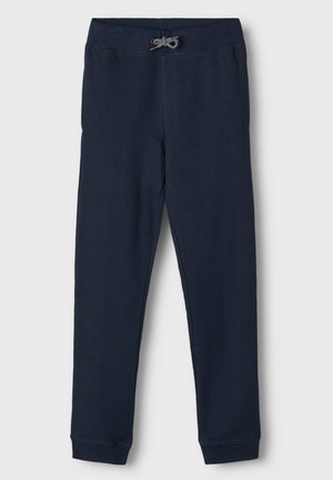 Navy blue sweatpants with elastic waistband and grey drawstring tie, straight legs, and ribbed cuffs at ankles.