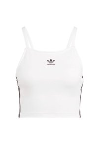 Biały skórzany top na ramiączkach wykonany z gładkiego materiału. Posiada cienkie ramiączka, czarne paski po bokach oraz małe czarne logo Adidas z przodu.