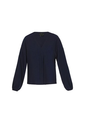 Blusa azul marino con escote en V, mangas largas abullonadas y corte suelto. Fabricada con un tejido suave de textura lisa. Sin patrones ni detalles visibles.