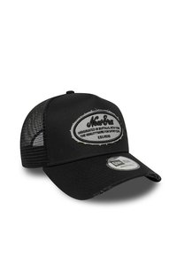 Black cap with a curved brim, mesh back, and a front patch displaying "New Era" logo. Features adjustable strap and textured fabric.