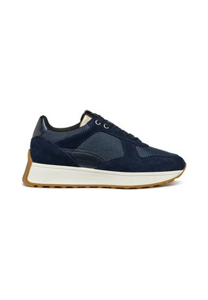 Men's navy blue sneaker with mesh and suede upper, white sole, gum-colored tread, and lace-up closure, shown in side profile on white background.