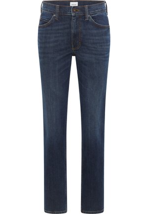 Dark blue denim jeans with a straight-leg fit, five pockets, and contrasting orange stitching on seams and pockets.