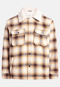 Braune und gelbe Karojacke mit einem Sherpa-Kragen, ausgestattet mit zwei Brusttaschen mit Klappen und einer strukturierten Oberfläche.