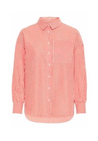 Red and white striped button-up shirt with long sleeves, loose fit, featuring a chest pocket and rounded hem. Made from lightweight fabric.