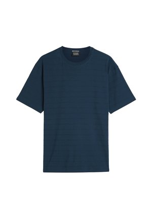 Navy blue short-sleeve crew neck T-shirt with subtle horizontal stripe texture, displayed on a plain white background.