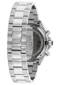 Silver stainless steel watch with a link bracelet, round case, and chronograph features. Visible logo on the case back, 100-meter water resistance.