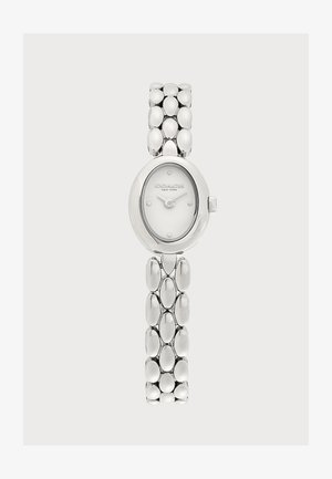 Silberne Silver Coach Armbanduhr mit ovalem Zifferblatt, einfachem Ziffernblatt und einem strukturierten, verbundenen Metallarmband.