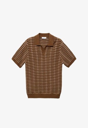 Brown knitted polo shirt with short sleeves, featuring textured stripes in lighter shades. Collared neckline, casual fit, soft material.