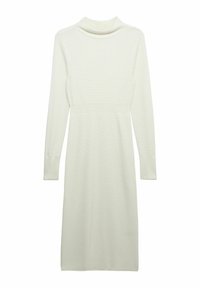 Robe à manches longues en tricot côtelé de couleur blanche douce. Présente un col montant et une taille cintrée, s'évasant doucement vers l'ourlet.