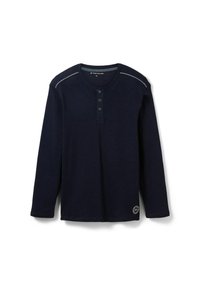 Camisa de manga larga de color marino con escote redondo, tapeta de tres botones y sutiles detalles en gris en los hombros. Tejido suave y texturizado.