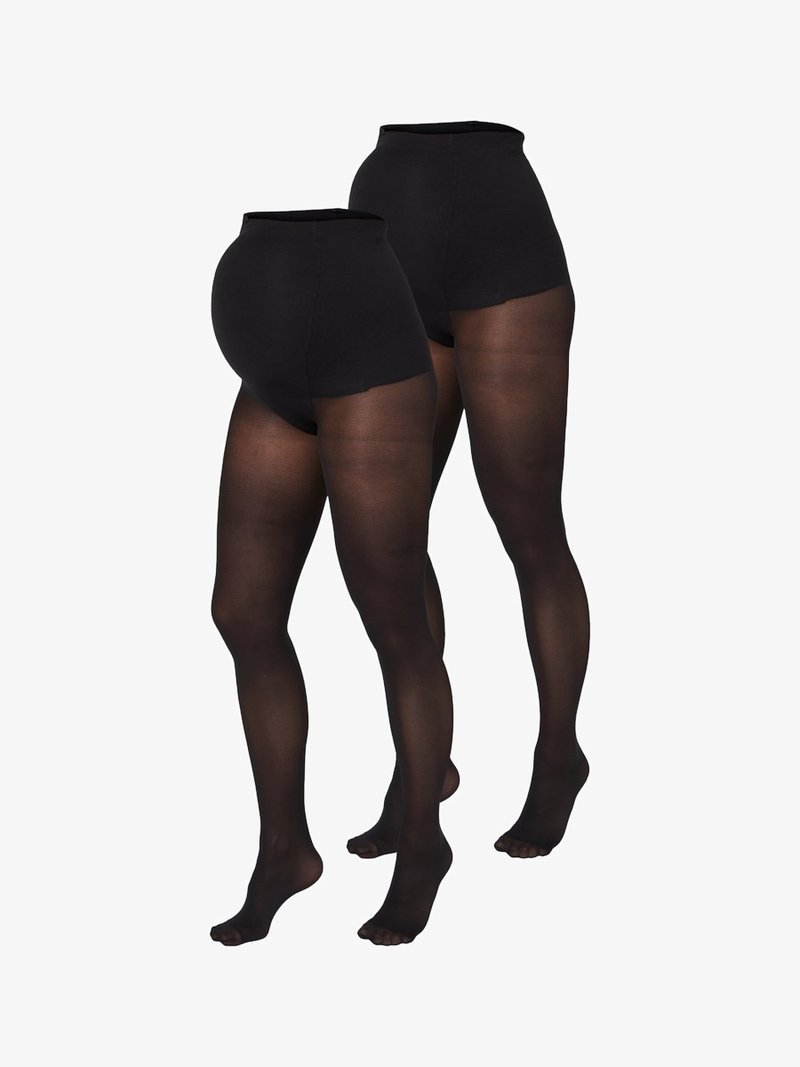 Μαύρες καλτσόν εγκυμοσύνης με ψηλή μέση, υφή αδιαφάνειας και διαφανείς περιοχές στα πόδια. Σχεδιασμένες για στήριξη και άνεση κατά τη διάρκεια της εγκυμοσύνης.