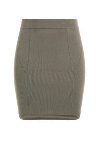 Khaki ribbed knit skirt with a fitted silhouette. Features a wide waistband and subtle seam detailing. Smooth texture and mid-thigh length.