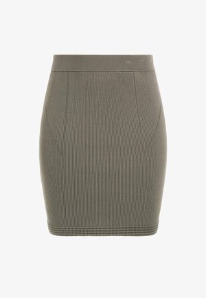 Khaki ribbet strikskørt med en tætsiddende silhuet. Har en bred talje og diskrete sømdetaljer. Glat tekstur og længde til midten af låret.