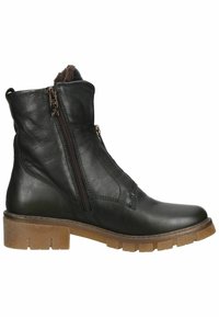 Mustat nahkaiset nilkkurit, joissa on kaksoisvetoketjut, pyöreä kärki ja ruskea kömpelö pohja. Varustettu teksturoidulla pinnalla ja pehmeällä sisävuorella.