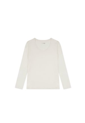 Pitkähihaisessa V-pääntiöllisessä paidassa on pehmeä, vaalea beige kangas, jossa on sileä rakenne ja minimaaliset saumat. Perusmuotoilu, ilman näkyviä kuvioita tai koristeita.