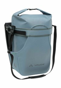 Grijze waterdichte tas met een cilindrische vorm, verstelbare zwarte schouderbanden en een rol-top sluiting. Voorzien van een stevige handgreep en logo-details.