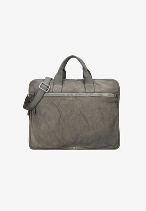 Valigetta in tela grigia con due manici superiori, una tracolla rimovibile e una tasca frontale con zip, caratterizzata da una finitura liscia e una sottile texture.