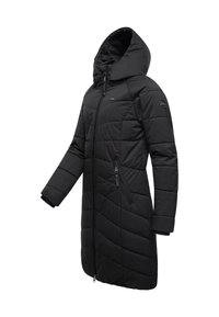 Czarna pikowana kurtka z kapturem, z fakturą pikowania, przednim zamkiem i bocznymi kieszeniami. Miękki, ocieplany materiał zapewniający ciepło.