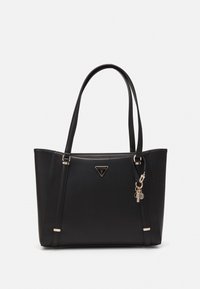 Black tote bag with a smooth faux leather finish, dual shoulder straps, a triangular logo, and gold-tone hardware accents.