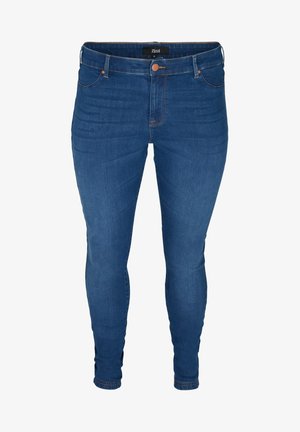 Skinny jeans av blå denim med en slät textur, med standard knäppning, bälteshällor och fram- och bakfickor.