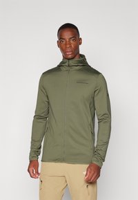 Olive green, lightweight zip-up jacket with a hood; long sleeves; featuring side zip pockets and a logo on the chest. Smooth texture.