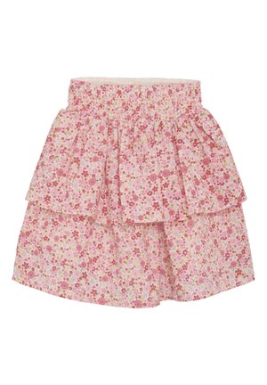 Rosa Blumenkleid mit einem gestuften Design und einem gerafften elastischen Taillenbund. Hergestellt aus leichtem Stoff mit kleinen, mehrfarbigen Blumenmustern.