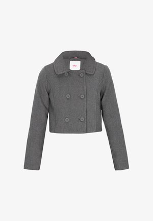 Pelēks īsais dubultās rindas vilnas žakets ar plašu apkakli un sešām pogām, garām piedurknēm un šauru siluetu.