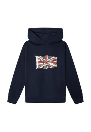 Marineblauer Hoodie mit langen Ärmeln, der eine abgenutzte Union Jack-Flagge und den Schriftzug "Pepe Jeans London" auf der Vorderseite zeigt.