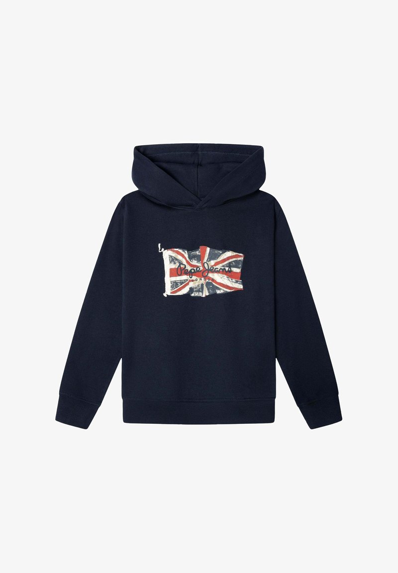 Tumši zila kapuces džemperis ar gariem piedurknēm, uz kura priekšpuses attēlots nodilušais Union Jack karogs un uzraksts "Pepe Jeans London".