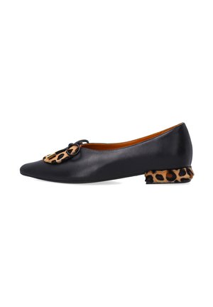 Black leather ballerina flat with a pointed toe, featuring a leopard print accent on the block heel and decorative buckle detail on the front.
