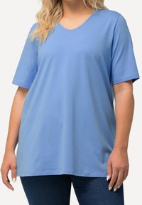 Blå, kortärmad V-ringad t-shirt i mjuk bomullstyg. Lätt passform med rak nederkant och minimala sömnadsdetaljer.