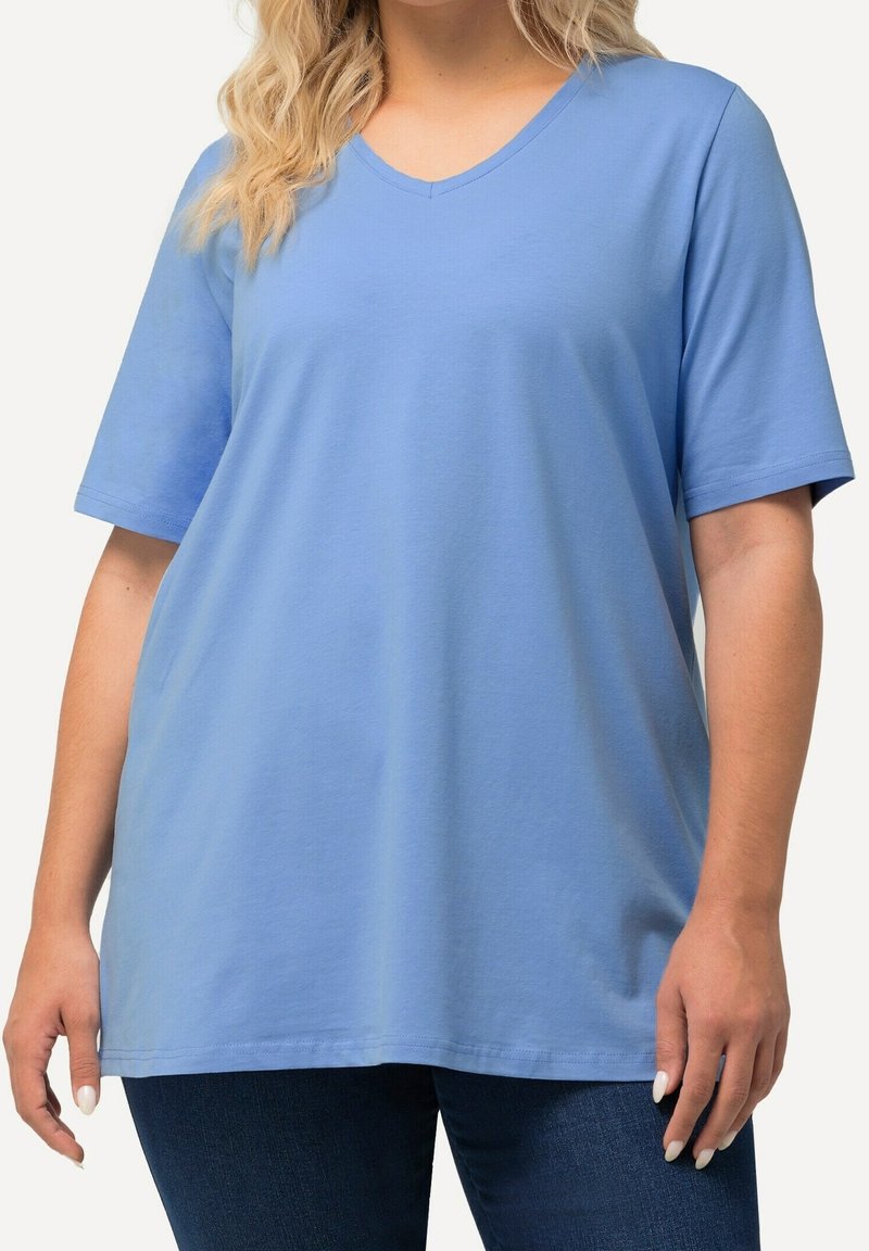 Blå, kortärmad V-ringad t-shirt i mjuk bomullstyg. Lätt passform med rak nederkant och minimala sömnadsdetaljer.