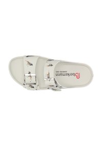 White slide sandal with adjustable silver buckles and a bird pattern. Smooth surface and contoured footbed for comfort. Brand logo visible.
