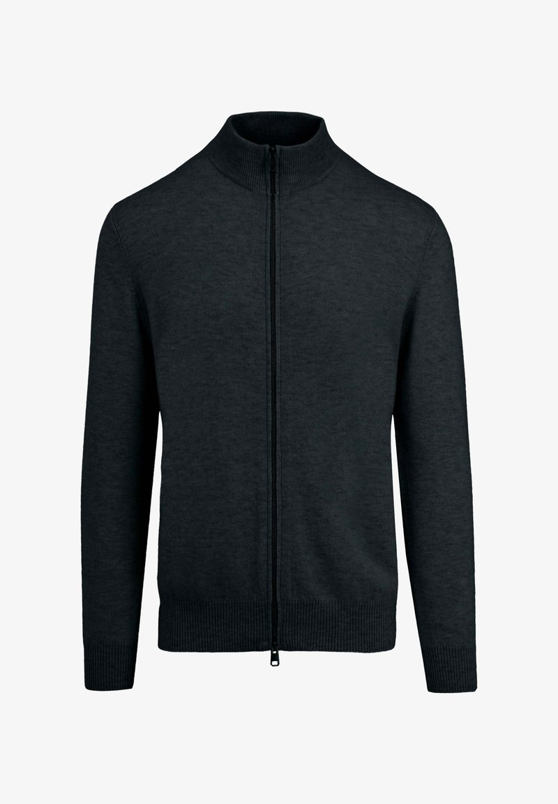 Pull en maille gris foncé avec fermeture éclair, poignets, ourlet et col montant côtelés, présenté de face sur fond blanc.