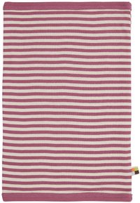Scaldacollo in cotone a righe rosa e crema, caratterizzato da una texture liscia, bordi cuciti e un piccolo etichetta multicolore sul lato.