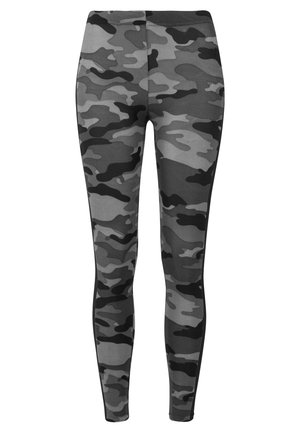 Camouflage leggings featuring a gray and black pattern. Made from stretchy material, they have a slim fit with a smooth texture.