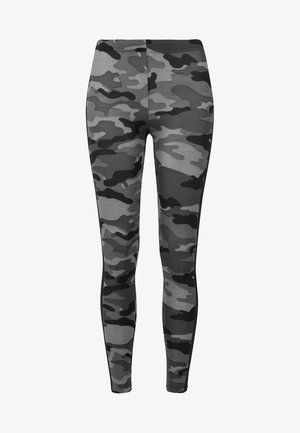 Camouflage leggings featuring a gray and black pattern. Made from stretchy material, they have a slim fit with a smooth texture.
