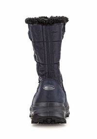 Marineblauwe waterdichte laars met een bovenwerk van gewatteerde stof. Kenmerkt zich door een faux fur voering aan de bovenkant, rubberen zool en een logo op de hiel.
