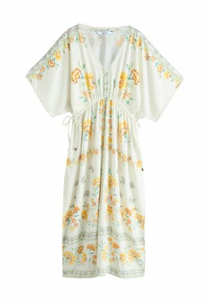 Florales Kleid aus hellcremem Stoff mit gelben und grünen Blumen, kurzem Ärmel, V-Ausschnitt und verstellbarem Kordelzug in der Taille.