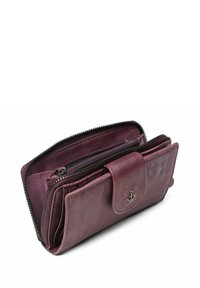 Leren portemonnee in diep paars met ritssluiting, voorzien van een gestructureerde afwerking, interne vakken en een ankerembleem op de sluiting.