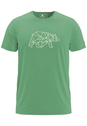 Green short-sleeve t-shirt made of soft fabric featuring a white geometric bear design on the front. Round neckline and relaxed fit.
