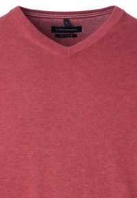 V-Ausschnitt-Pullover aus Pima-Baumwolle, mit einem strukturierten Strick in einem einheitlichen Ziegelrot und dezentem Markenlogo am Saum.