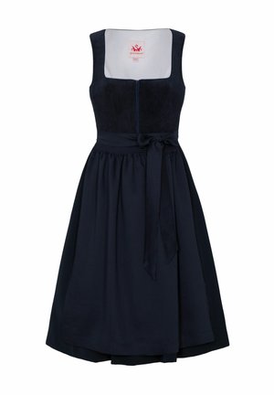 Navyblauwe jurk met een aansluitende bodice, vierkante halslijn en rits. Kenmerkt zich door een cinched taille met een stoffen strik en een uitlopende rok. Soepele textuur.