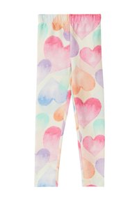 Leggings aus leichtem Stoff mit einem pastellfarbenen Aquarell-Herz-Muster auf cremefarbenem Hintergrund und einem elastischen Bund.