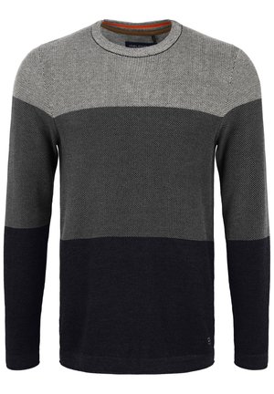 Langermet genser med rund hals, med strukturstrikk i grå og marineblå striper. Fargeblokkeringsdesign med kontrasterende mørk kant.