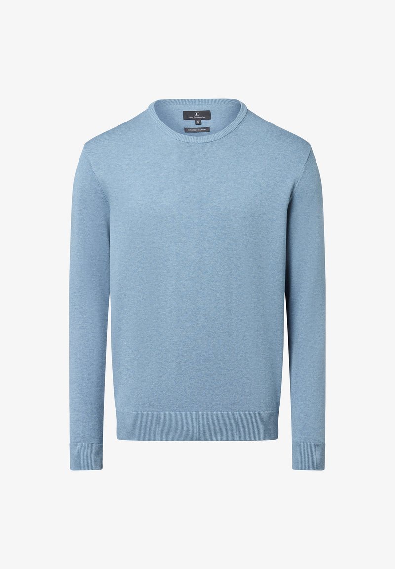 Hellblaues Sweatshirt aus weichem Material, mit rundem Halsausschnitt, gerippten Bündchen und geradem Saum. Keine sichtbaren Muster oder Akzente.