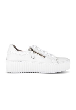 White platform sneaker with thick ribbed sole, lace-up front, and side zipper detail on smooth leather upper.